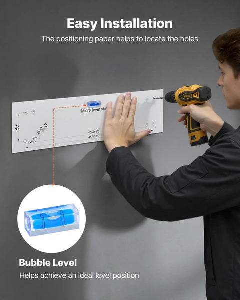 Person installing 2-Pack Heavy Duty Garage Wall Shelving Units, 6-Foot Long Steel Wall Mounted Shelves with a drill and bubble level.