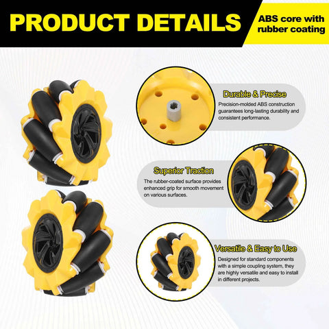 Product details of yellow Mecanum wheels for robot cars with ABS core and rubber coating; features durability, traction, and versatility.
