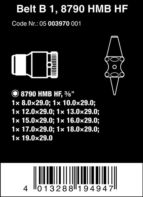Specifications for Ten Piece Three Eighths Inch Drive Socket Set On Durable Tool Belt With Color Coded Tool Finder And Holding Function.