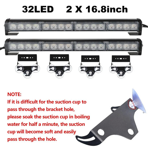 Straight Up Tough 2X16 Inch Led Strobe Light Bar Packing 32 Blazing Diodes And 26 Quick Swap Flash Patterns For Interior Emergency Traffic Advisory Warning Duty In Solid Amber And Crisp White with suction cups and brackets.