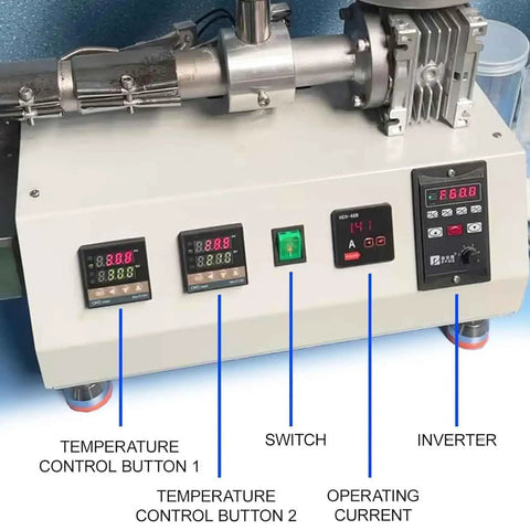 Workhorse Desktop 3D Printer Filament Extruder Maker With Crisp Digital Screen And Hassle Free Pellet Feed System For Churning Out Clean Recycled Plastic Filament At Ridiculous Speeds, control panel showing temperature controls and inverter.