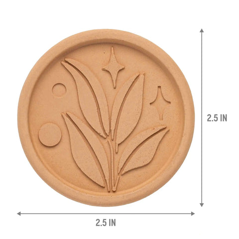 Terracotta Brown Sugar Saver Disc With Elegant Leaf Design And No Fuss Use, shown with dimensions of 2.5 inches by 2.5 inches.