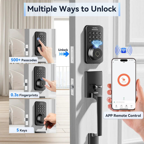 No Sweat Smart Fingerprint Door Lock With Lightning Fast Zero Lag App Unlock And Smooth Turn Handle Set In Glossy Black showing multiple unlocking methods.