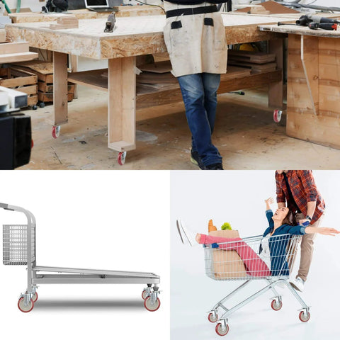 heavy duty swivel casters in use on carts and workbenches