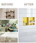 Before and after of Shower Niche Organizer Set For Tile Ready Bathrooms Durable ABS Recessed Shelf Two Pack with tidy results