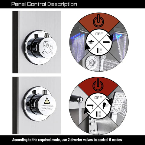 Control panel for Straight Up Premium Stainless Steel Shower Panel Tower With Led Waterfall Shower Head and 6 Function Bathroom Faucet.