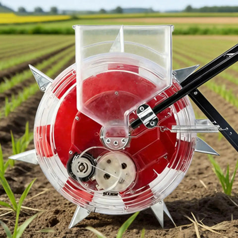 Close-up of Walk Behind Row Crop Planter And Roller Seeder Dope Garden Tool For Home Use on a vegetable field