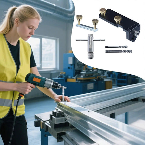 Top Shelf Aluminum Extrusion Tap Guide With Universal Multi Size Adapter For Precision Thread Tapping and Drill Jig Alignment in use.