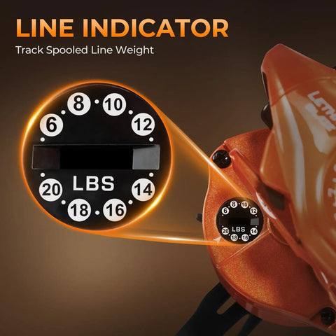 Close-up of line indicator on Lethal Blaze Baitcasting Fishing Reel With 7.3 To 1 Gear Ratio And Low Profile Lightweight Glass Fiber Infused Nylon Frame For Freshwater And Inshore Bass Fishing Dope Performance And Smooth Casting.