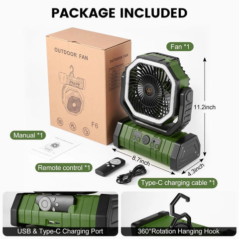 Camping Fan With LED Lantern And 30000mAh Battery, Rechargeable Tent Oscillating Fan with Remote, hook handle, and charger