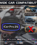 Bluetooth OBD2 Diagnostic Adapter For iOS Android And Windows Read And Clear Check Engine Codes Real Time Performance Data And Logger displayed with car compatibility chart.