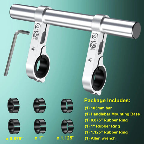 Beefed Up Aluminum Handlebar Extender for Bike and Motorcycle with dual mount clamp bracket and included rubber rings and wrench.