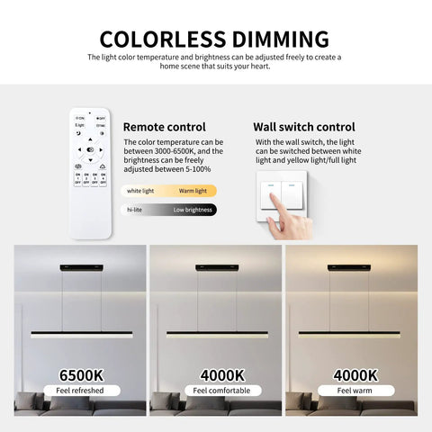 Modern LED Chandelier Pendant Light With Dimmable Linear Design Remote Control Color Temperature 3000K To 6000K Brightness Adjustment Hanging Lamp For Bedroom Living Room Dining Room Kitchen 22W Gold with remote and wall switch control displayed.