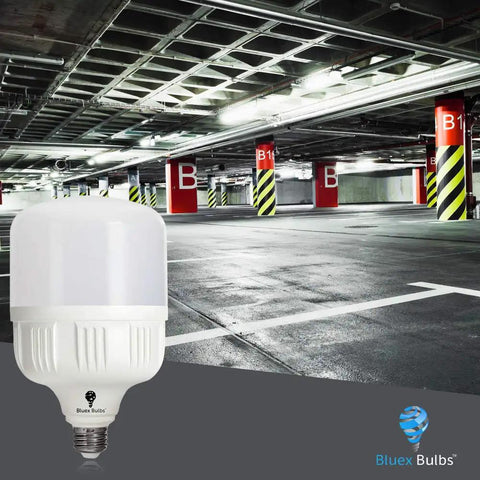 Image of a 2 Pack LED Corn Light Bulbs 40W, 300W to 350W Equivalent, Cool White 5000K, E26 Base, 4000 Lumens in a parking lot.