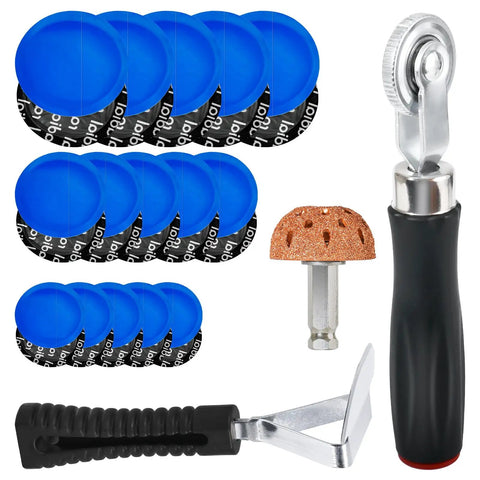 Top Shelf 33 Piece Tire Patch Kit With 30 Rubber Inserts In Three Sizes Plus Roller And Scraper For Quick Car Motorcycle And Bike Repairs That Make Fixing Flat Tires A Snap Hella Tough Gear For Every Road, featuring blue rubber patches and tools.