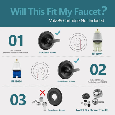 Will This Fit My Faucet? Compatibility guide for High Flow Eight Inch Matte Black Rain Shower Faucet And Tub Trim Kit.
