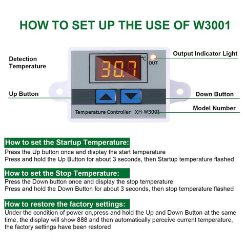 Setup guide for Digital LED Temperature Controller Module With Waterproof Probe, programmable thermostat interface and buttons.