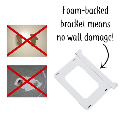 Foam-backed No-Screwups Remote Control Holder Wall Mount Installs In Seconds With No Damaging Screws Or Tape shown avoiding wall damage