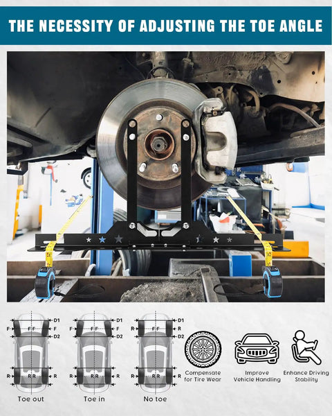 Precision Wheel Alignment Tool Kit With Toe Plates For Cars Trucks Suvs measuring toe angle with steel brackets and tape measure.