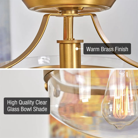Detail of Zurich 12 Inch Rustic Semi Flush Mount Ceiling Light With Glass Shade And Oil Rubbed Bronze Finish Antique Brass Accents