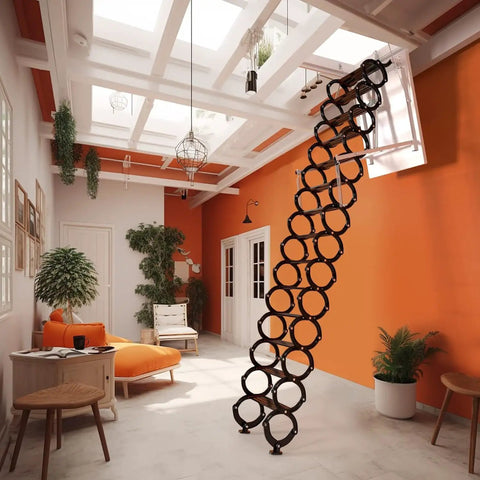 Heavy Duty Electric Attic Ladder With Remote Control, 13 Step Folding Loft Stairs, 11.8 Ft Telescopic Ceiling Access Run, Built Tough Carbon Steel Frame in a stylish interior.