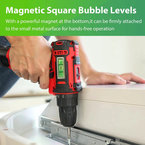 Nine Piece Mini Magnetic Spirit Levels With Crystal Clear Bubble Tubes, Kickass Acrylic Measuring And Layout Tool Kit, Heavy Duty Precision Instruments Built Tough For Any Workshop Job, magnetic level attached to drill.