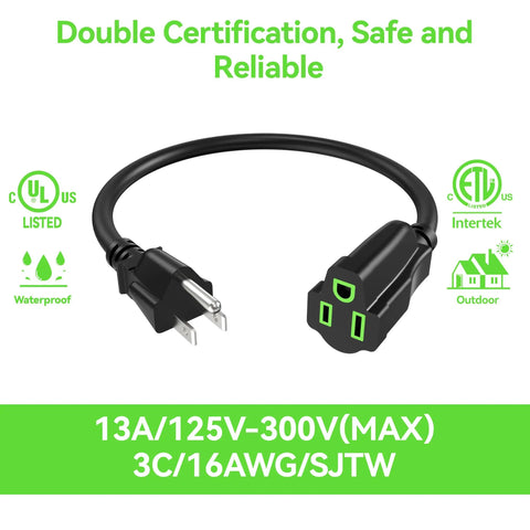 Heavy Duty Outdoor Indoor Extension Cord 5 Ft 60 Inch 16 AWG SJTW 3 Prong Grounded Power Cable Waterproof Flexible Single Outlet Saver UL Listed ETL Listed For Home Garage Workshop, black