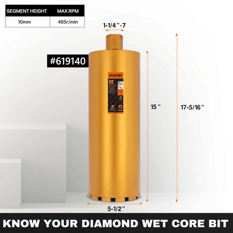 KSEIBI wet core drill bit, front view, 5-1/2 in diameter, 16 in depth, 1-1/4-7 arbor