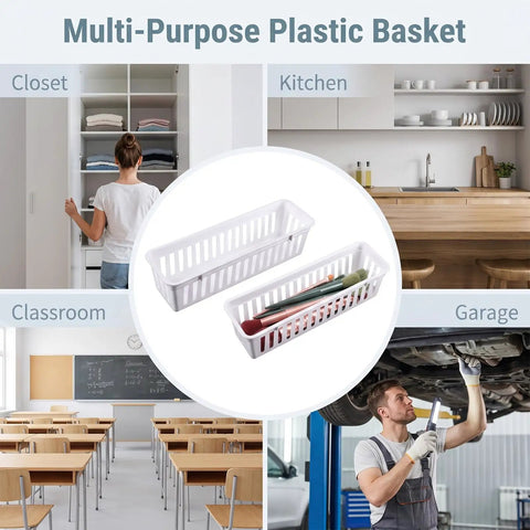 Eighteen Pack Slick Slim Plastic Baskets For Narrow Drawer Setup, 10x3 inch, ideal for organizing closets, kitchens, classrooms, and garages.