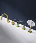 Close-up of brushed gold five hole Roman tub faucet with sprayer, deck mount, three handles, and hand shower on a white tub.
