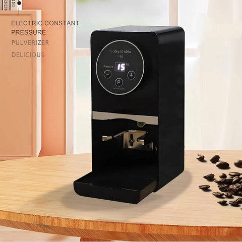 Electric Automatic Coffee Tamper For Espresso Machines Adjustable 5 To 30 Kg Pressure With Slick Touchscreen Fits 58Mm Portafilters on kitchen counter.