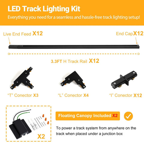 40Ft H Type Track Lighting Kit In Black With Floating Canopy Connector End Caps Live End Feed T Connector And L Connector For Single Circuit