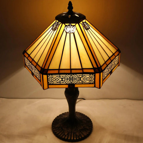 Yellow Hexagon Tiffany Style Stained Glass Lamp For A Cozy Vibe Mission Table Desk Bedside Reading Light with antique base