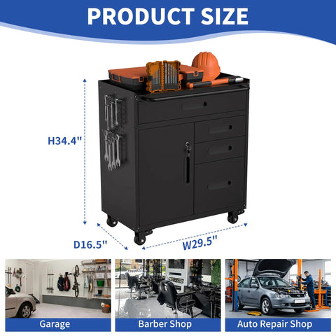 Beefy Thirty Inch Lockable Tool Storage Cart With Hella Strong Steel Frame And Slick Pegboard Organization For Garage Workshop, H34.4"