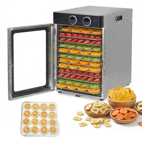Badass Electric Food Dehydrator With 12 Stainless Steel Trays 1200W High Power showing colorful dried fruits on the racks.
