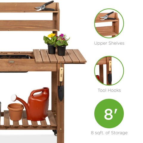 Mobile Garden Potting Bench With Sliding Tabletop Outdoor Wood Workstation Table On Wheels 4 Locking Casters Food Grade Dry Sink Storage Shelves Brown Finish showing upper shelves, tool hooks, and 8 sq ft of storage