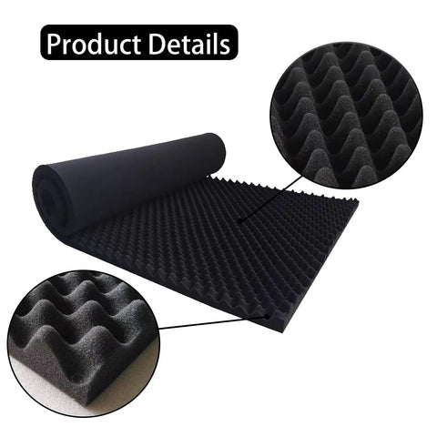 Rolled Egg Crate Acoustic Foam Panel 48x24x2 Inches Black for Walls and Recording Studios with texture close-ups