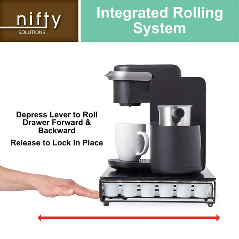 Rolling Black Finish Coffee Pod Storage Drawer for K Cups, showing integrated rolling system with 42-pod capacity.