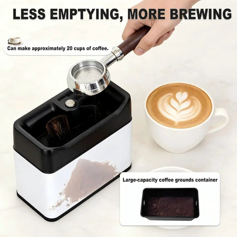 Game Changer Electric Espresso Knock Box And Automatic Portafilter Cleaner With Dual Scrubbers For No Sweat Coffee Ground Cleanup, showing portafilter and grounds.