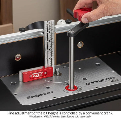 Solid As A Rock Aluminum Router Lift With Slick Quick Raise Lever And Hella Precise Crank Micro Adjustments For Four Point Two Inch Routers, detail of crank adjustment