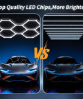 Comparison of LED Hexagon Garage Light 156W 18720LM 6500K Daylight White Ceiling Lamp with linear LED lights over a car.