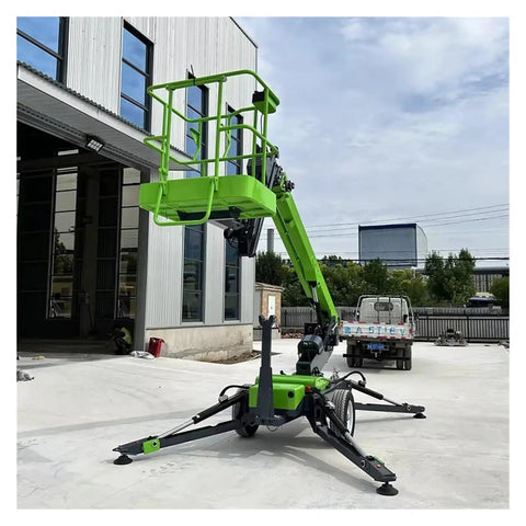 Trailer Mounted Articulating Telescopic Boom Lift Cherry Picker Spider Aerial Work Platform Towable Job Site with green finish.