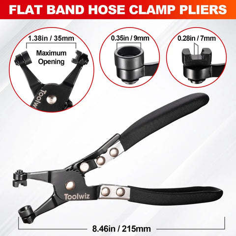 Flat band hose clamp pliers from the Four Piece Radiator Hose Clamp Pliers Set With Long Reach 27 Inch Wire Spring Flat Band Remover And Clic R Type Hand Tools For Automotive Cooling Systems, showing 215mm length and adjustable tips.