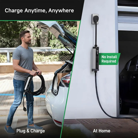 Man holding Tesla Level 2 EV Charger 9.6 kW 40A 240V with NEMA 14-50 plug near car trunk, home garage installation visible
