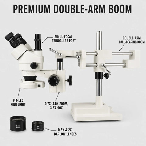 Trinocular Stereo Zoom Microscope 3.5X To 90X With Dual Arm Boom, 45 Degree Inclined Head Rotates 360, Simul Focal Port For Digital Camera Or HD Touch Screen, interpupillary 54 To 76 Mm, diopter adjustable plus or minus six, top notch lab setup, white with 144-LED ring light and 0.5X, 2X lenses