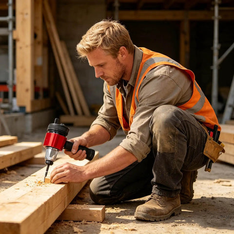 Worker using Rivet Nut Adapter Kit For Cordless Drill, Quick-Change Blind Riveter Insert on wood project site, red in color