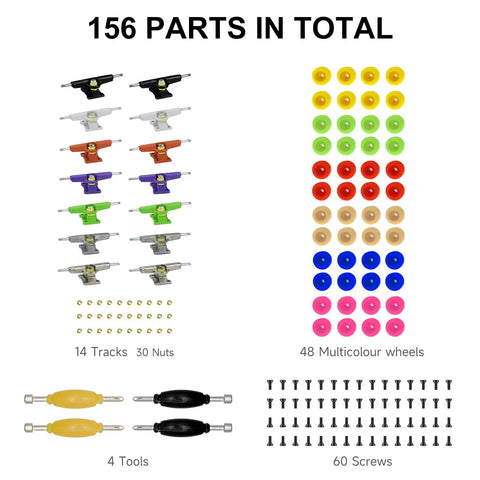 Complete Fingerboard Repair Kit With Slick Trucks Badass Hardware Smooth Wheels Tough Hex Nuts Extra Screws Precision Driver And Solid Brackets For Mini Skate Mods And Fresh Custom Builds with 156 parts including tracks, nuts, tools, and screws.