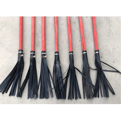 No Sweat Heavy Duty Red Rubber Fire Mop Broom With Long Poplar Wood Handle, seven fire mops lined up with black rubber strips.