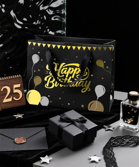 Black Birthday Gift Bag For Men With Foil Stamping And Tissue Paper, 12.5 Inch Medium Gift Bag With Greeting Card