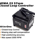 Integrated Closed-Loop Stepper Motor With Built-In Encoder shown in NEMA23 housing, highlighting features like closed-loop control and max 2000 RPM.
